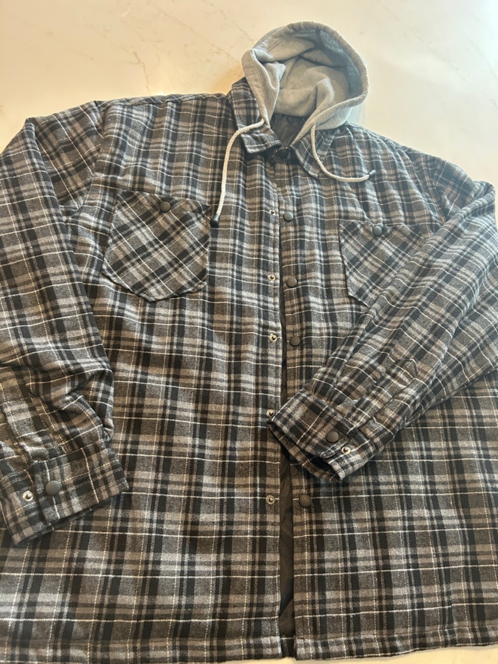 Men's Gray Plaid Lightweight Hooded Shirt Jacket